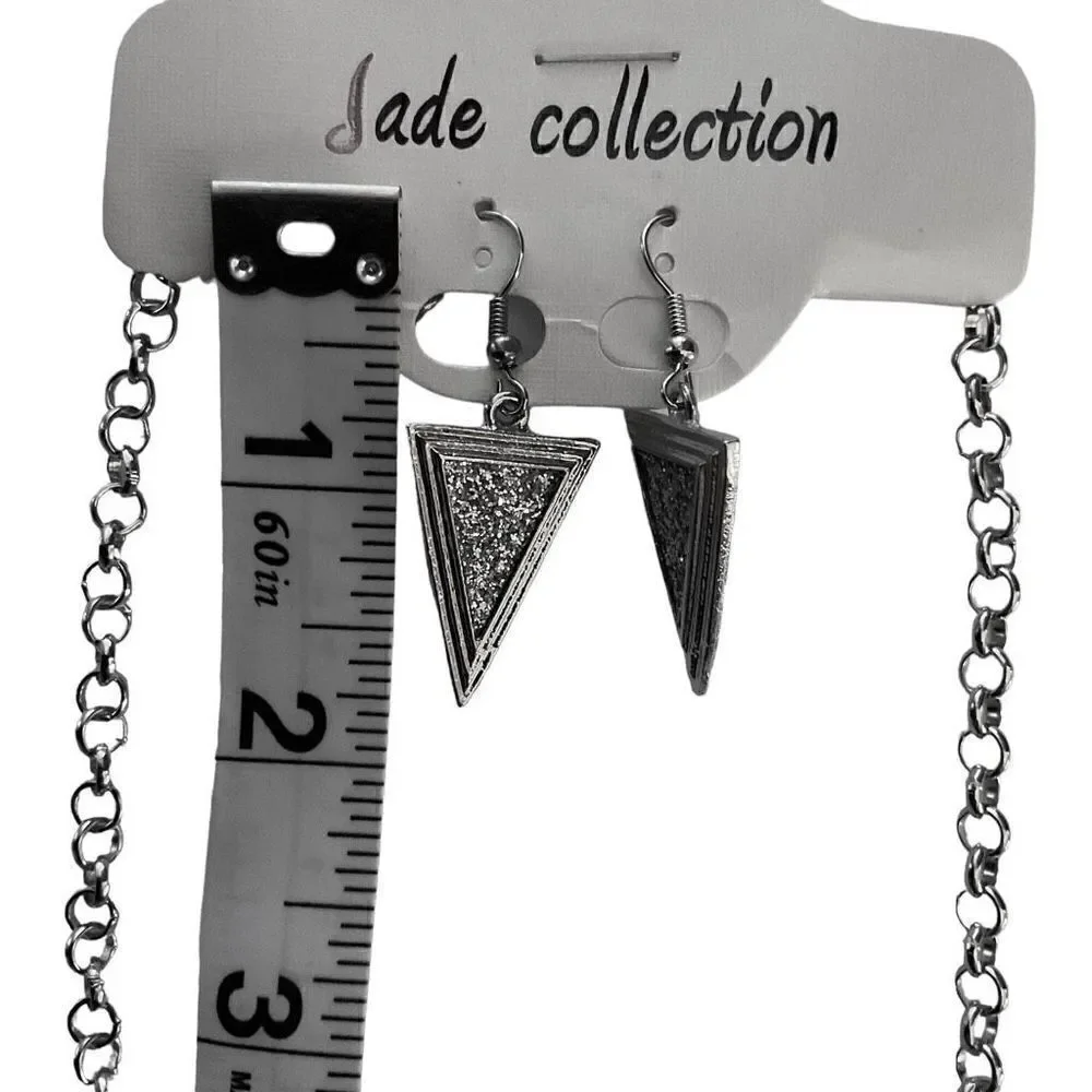 Jade Collection Necklace Earring Set Silver Toned Crushed Rhinestone Triangles